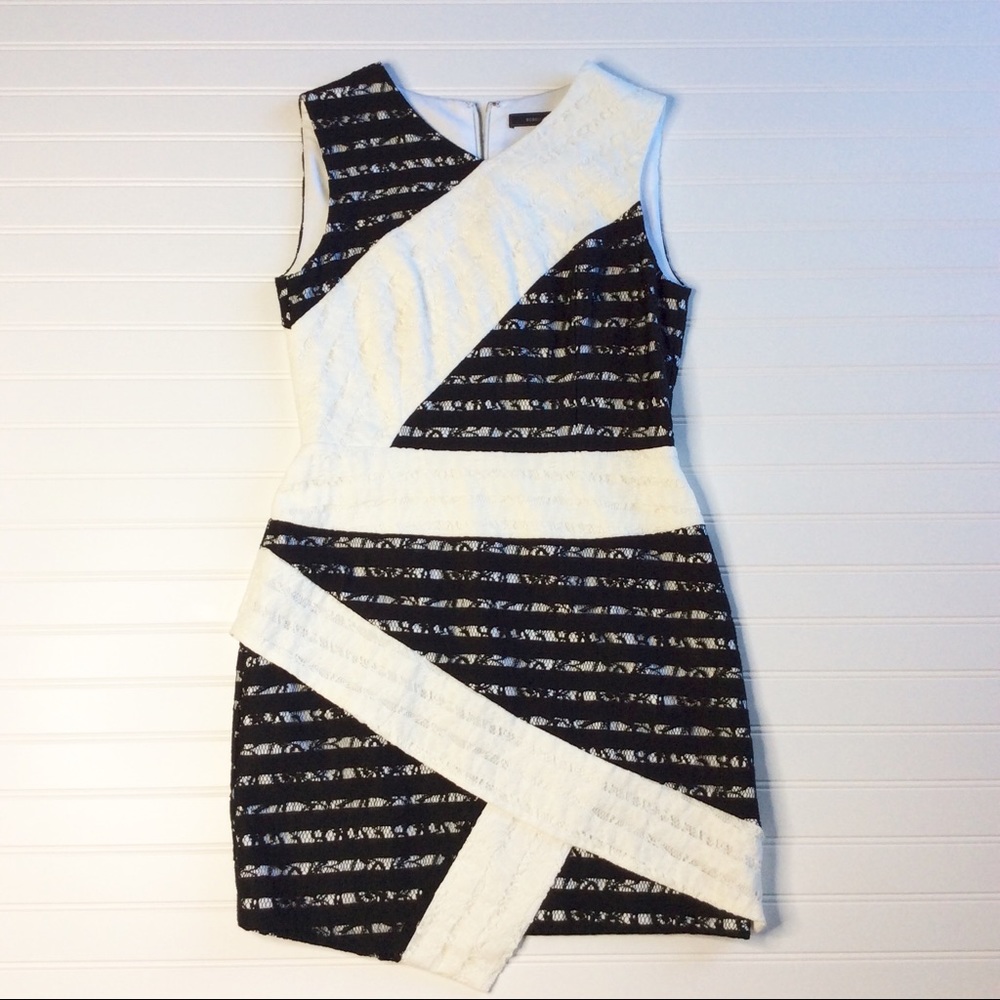 BGBGMaxAzria Black & White Fitted MiNI Lace Dress. Item# 0071